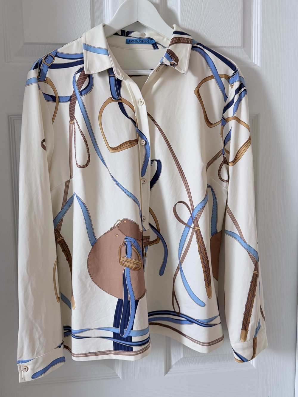 J. McLaughlin Women’s Cream Equestrian Saddle Print Button-Up Blouse Size XL